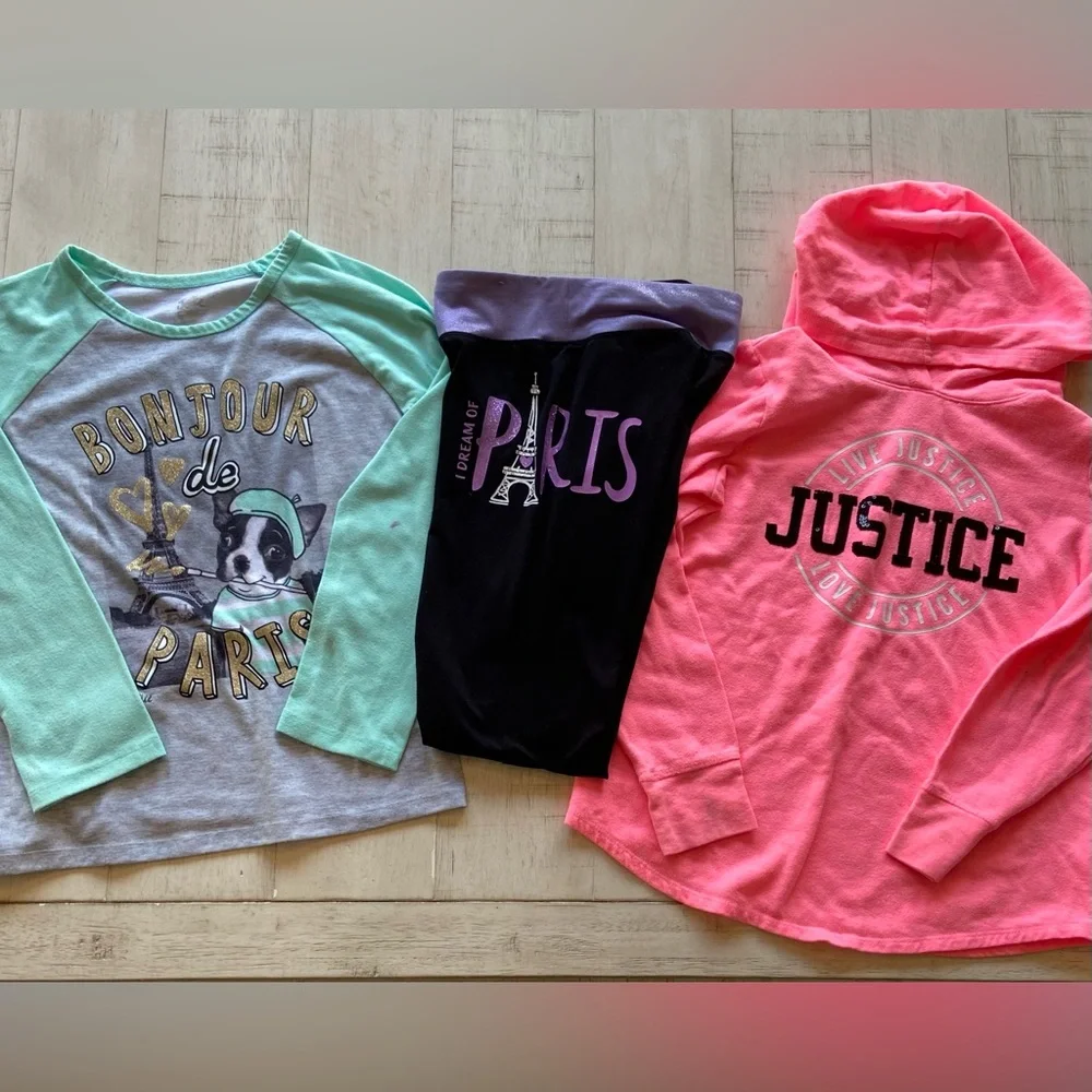 Used 4 Piece Bundle- 3 Justice- 2 Shirts, 1 Leggings- 1 Cat & Jack Belle-Bottoms